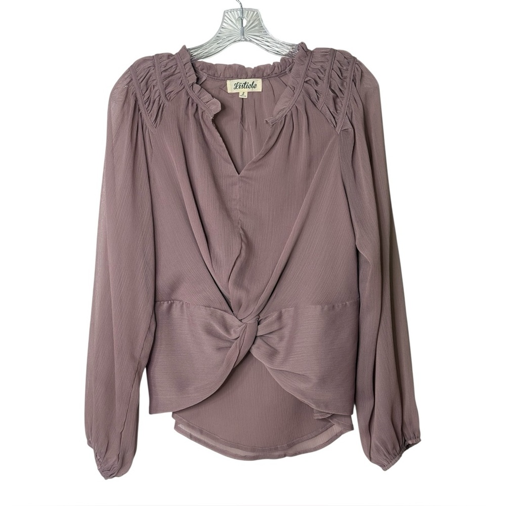 Listicle Long Lantern Sleeve Mauve Pullover Blouse V-Neck Ruffled Collar Women S